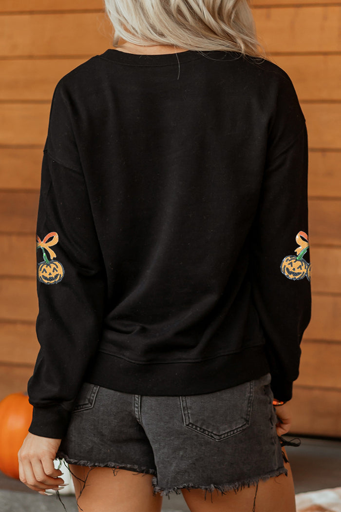 Black Halloween Sequin Pumpkin Graphic Relaxed Pullover Sweatshirt 🇺🇸