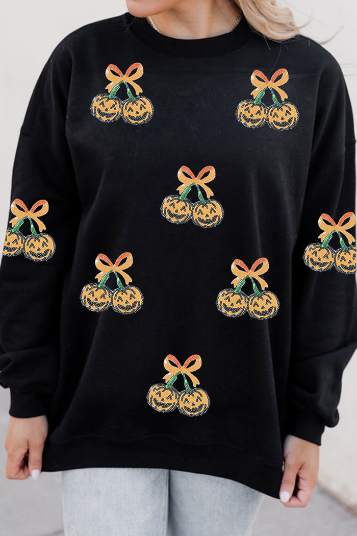 Black Halloween Sequin Pumpkin Graphic Relaxed Pullover Sweatshirt 🇺🇸