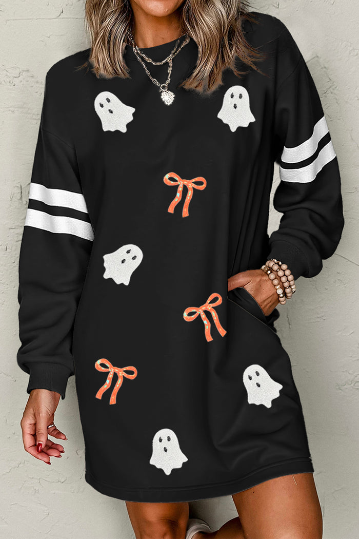 Black Sequin Ghost Graphic Varsity Striped Sleeve Halloween Sweatshirt Dress  🇺🇸