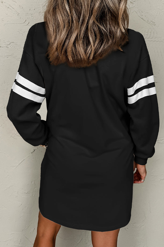 Black Sequin Ghost Graphic Varsity Striped Sleeve Halloween Sweatshirt Dress  🇺🇸