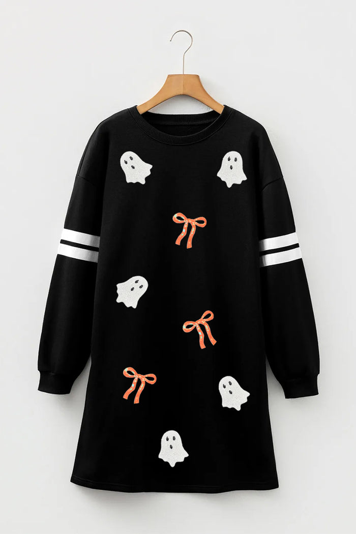 Black Sequin Ghost Graphic Varsity Striped Sleeve Halloween Sweatshirt Dress  🇺🇸