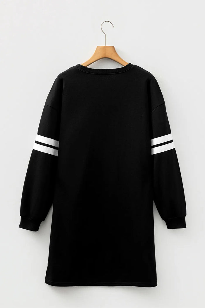 Black Sequin Ghost Graphic Varsity Striped Sleeve Halloween Sweatshirt Dress  🇺🇸
