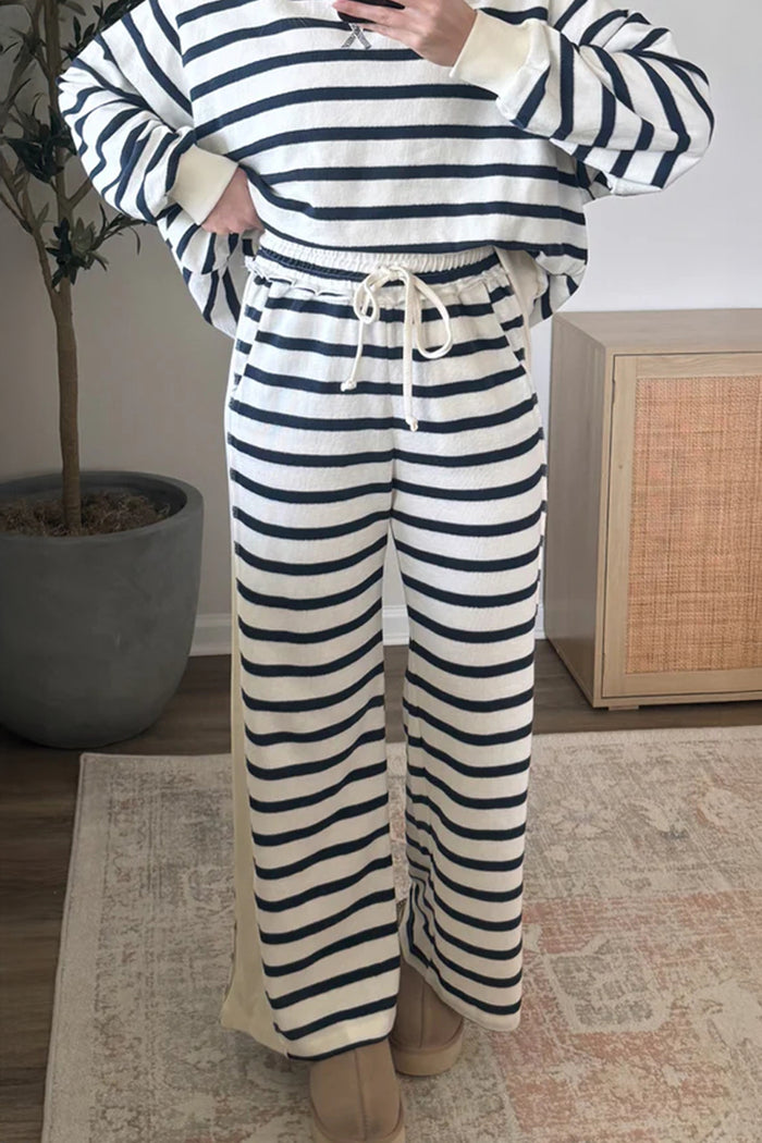 Blue Stripe Striped Ribbed Cuff Collar Pocket Loose Pant Set 🇺🇸