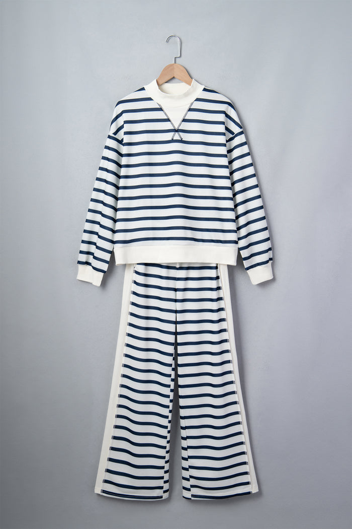 Blue Stripe Striped Ribbed Cuff Collar Pocket Loose Pant Set 🇺🇸