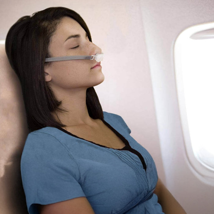 Woman Wearing Bongo EPAP on a flight