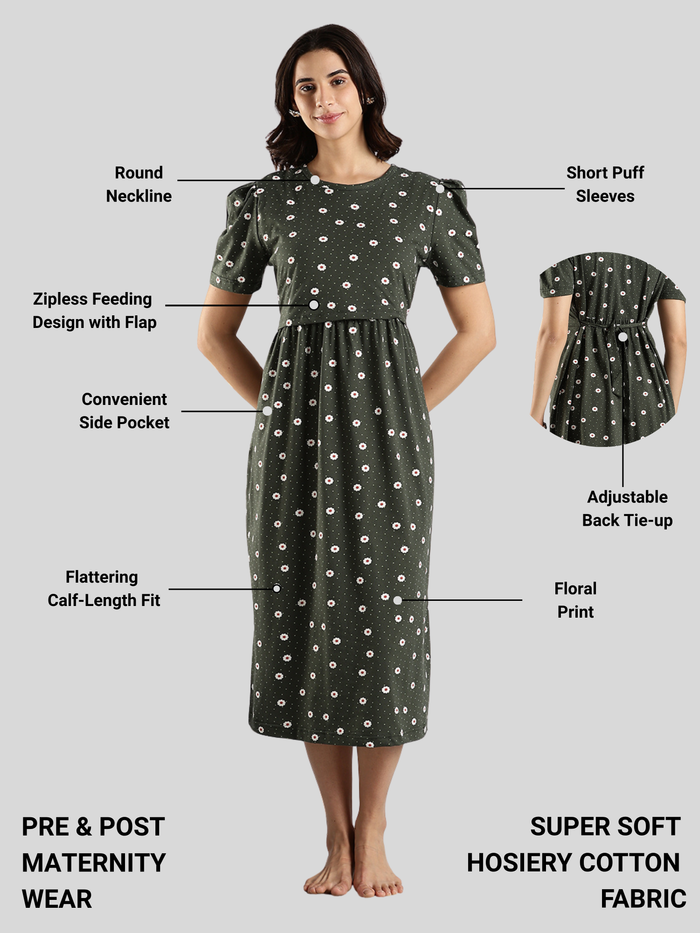 Bottle Green Maternity Nightdress for Women Feeding Friendly
