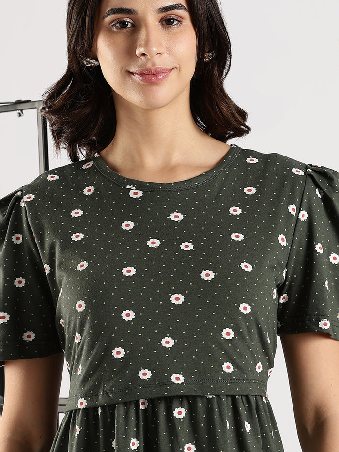 Bottle Green Branded Zipless Cozy Feeding Nighty for Women