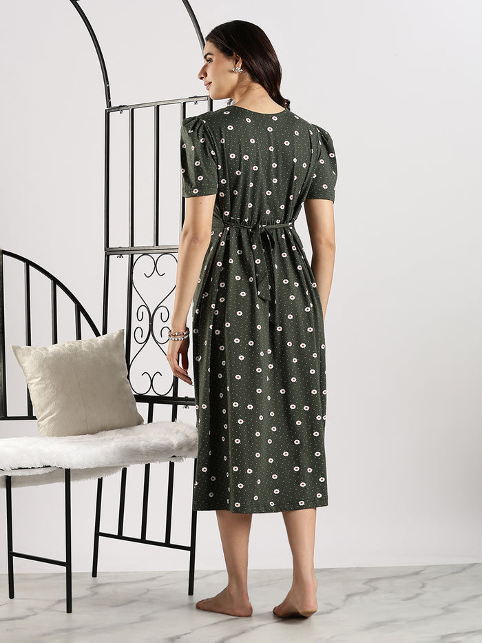 Bottle Green Branded Zipless Cozy Feeding Nighty for Women