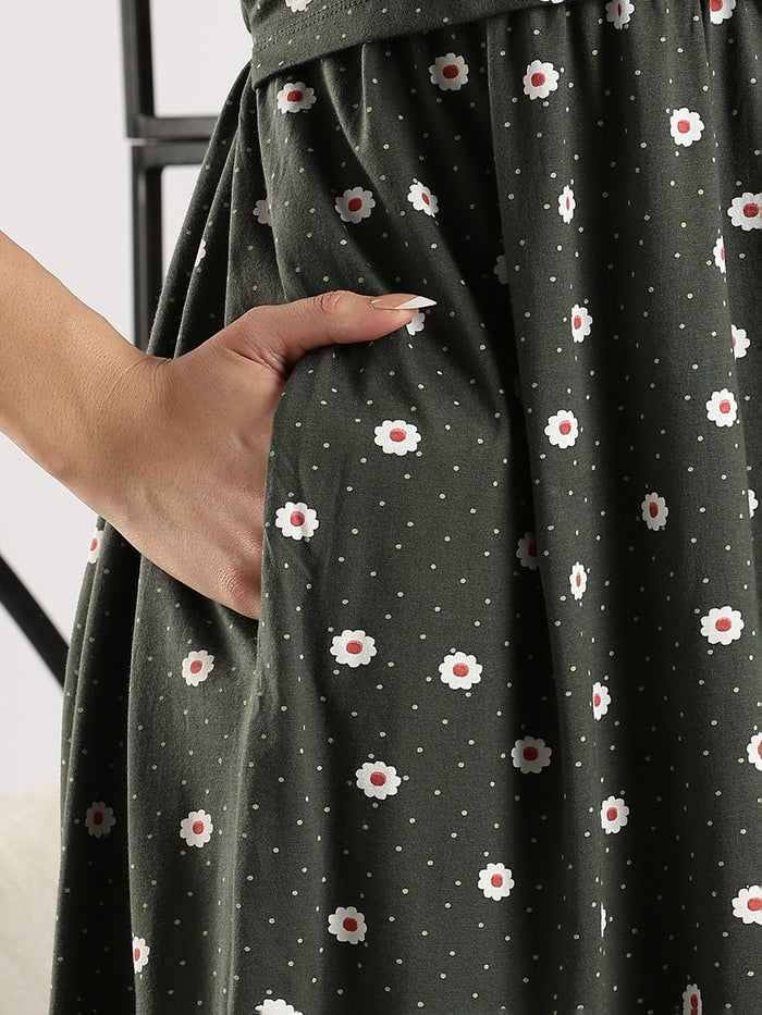 Bottle Green Branded Zipless Cozy Feeding Nighty for Women