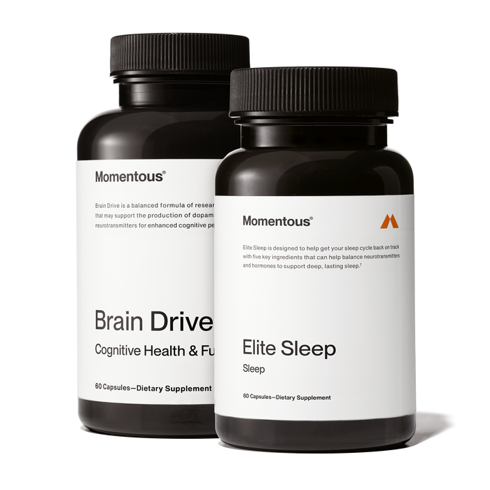 Brain Drive pill bottle + Elite Sleep pill bottle