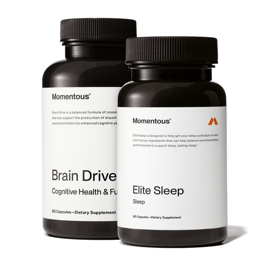 Brain Drive pill bottle + Elite Sleep pill bottle