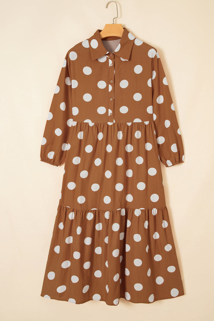 Brown Polka Dot Button Front Long Sleeve Shift Dress 🇺🇸