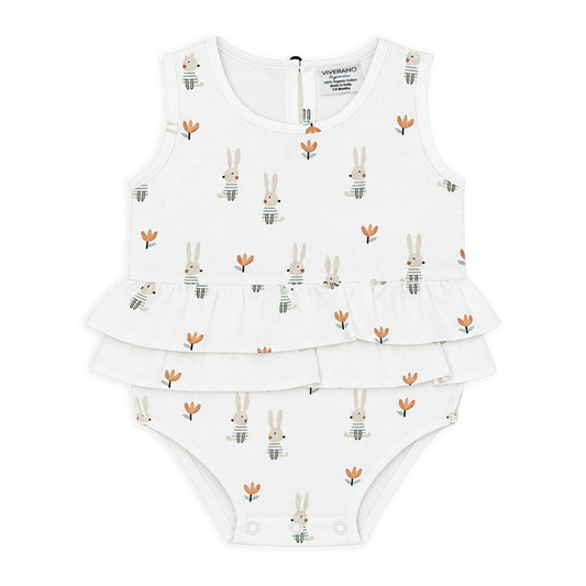 front of Bunny 2-Tier Ruffle Baby Romper made with Organic Muslin