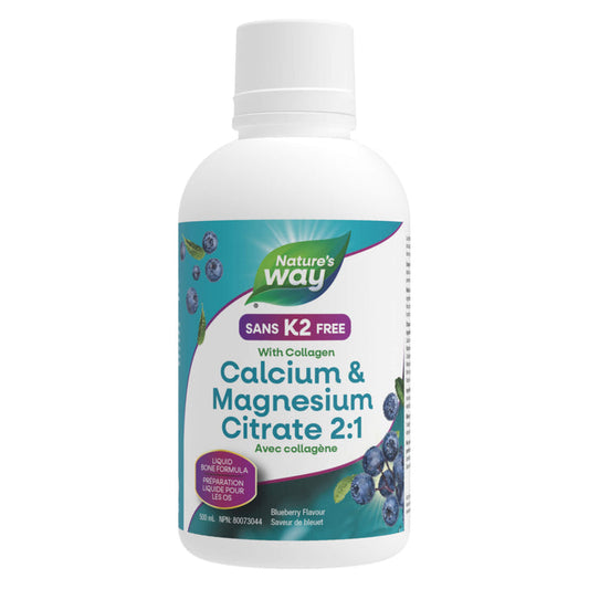 Bottle of Nature'sWay Calcium&MagnesiumCitrate w/Collagen(K2Free) BlueberryFlavour 500ml