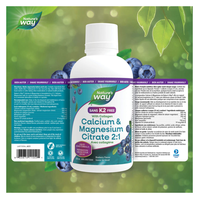 Nature's Way Calcium & Magnesium Citrate w/ Collagen (K2 Free, Blueberry) Label