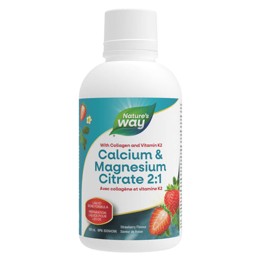 Bottle of Nature's Way Calcium & Magnesium Citrate w/K2 & Collagen Strawberry Flavour 500ml