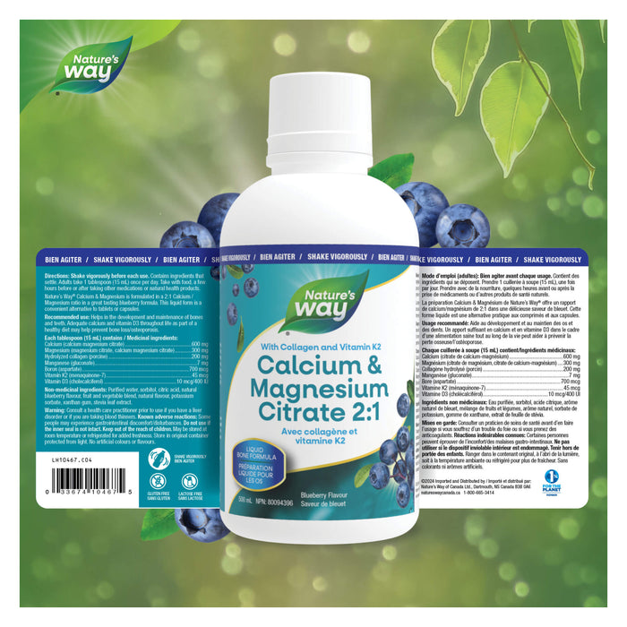 Nature's Way Calcium & Magnesium Citrate w/ K2 & Collagen Blueberry Flavour Label