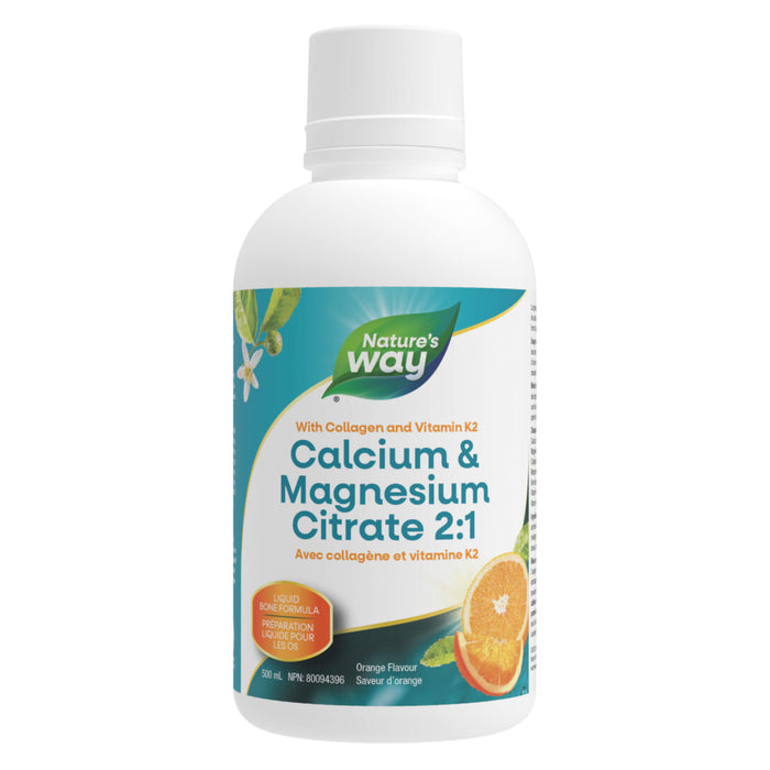Bottle of Nature'sWay Calcium & Magnesium Citrate w/ K2 & Collagen Orange Flavour 500ml