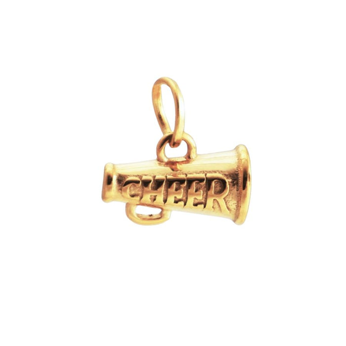 Gold megaphone charm with top loop bail, engraved “CHEER” on the front panel.