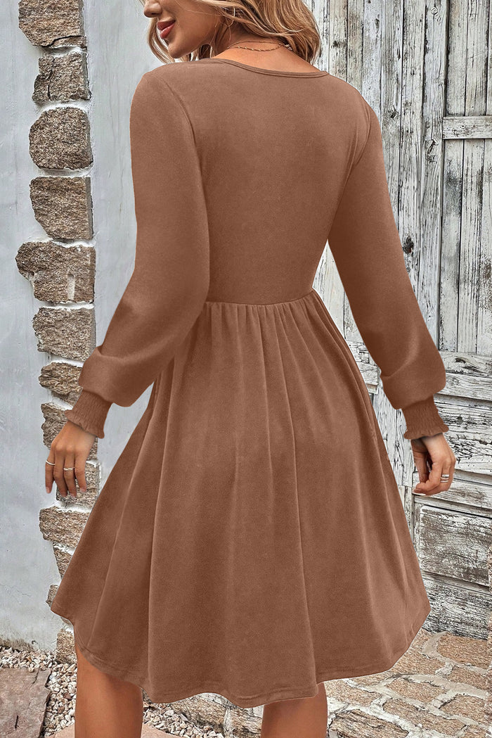 Chestnut Shirred Cuff Long Sleeve Button Round Neck Mini Dress 🇺🇸