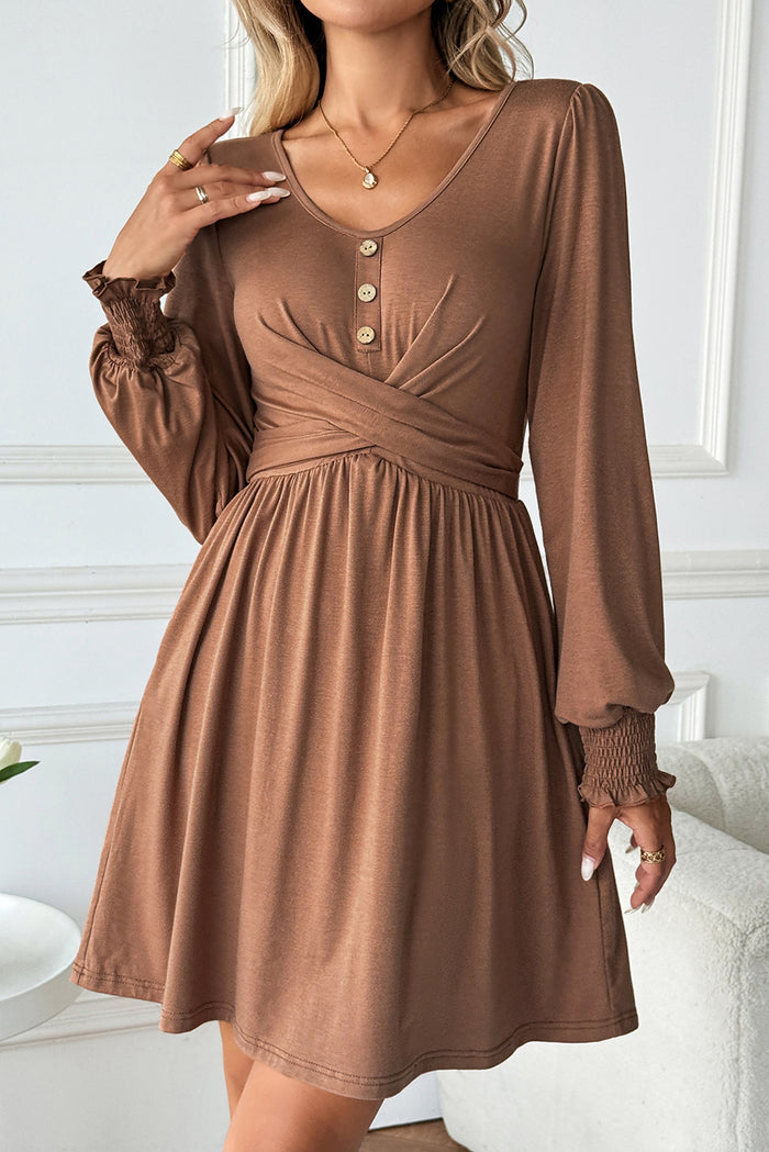 Chestnut Shirred Cuff Long Sleeve Button Round Neck Mini Dress 🇺🇸