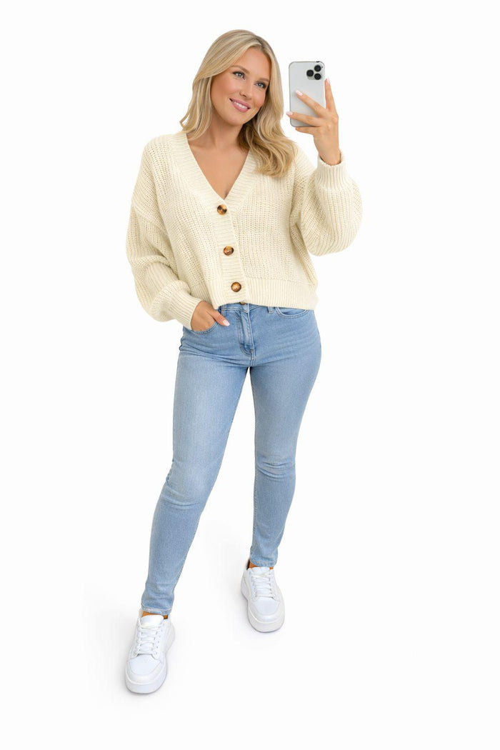 Chunky Knit Cardigan Balloon Sleeve Cropped 3 Button Jumper Soft Cozy Top 🇬🇧