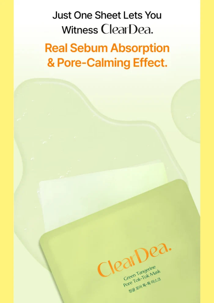 ClearDea Curen Tangyine Pore-Tight-Masking sheet shown in its pale green packaging, with promotional text above on a yellow and pale green background.