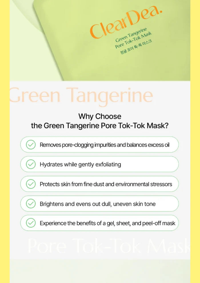 Promotional graphic for the ClearDea. Green Tangerine Pore Tok-Tok Mask, featuring a light green product package at the top and a white text section below with bullet points about skin benefits, framed by pale yellow side borders.