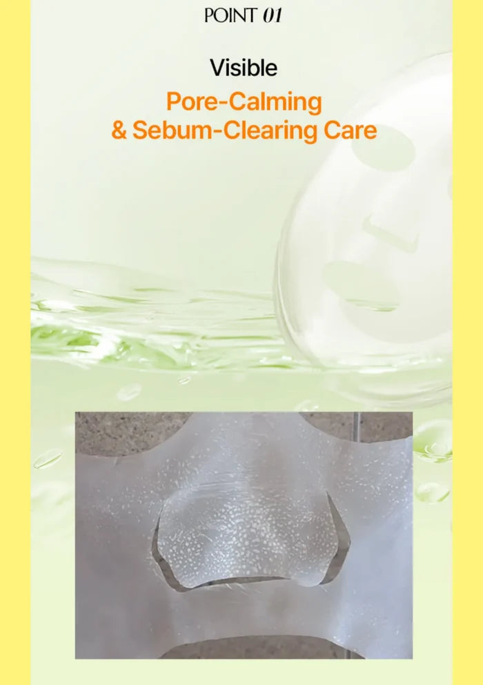 A promotional graphic for visible pore-calming and sebum-clearing care, with text at the top and a close-up inset of a translucent sheet mask applied to a nose area. The design uses pale yellow-green tones with a yellow border.
