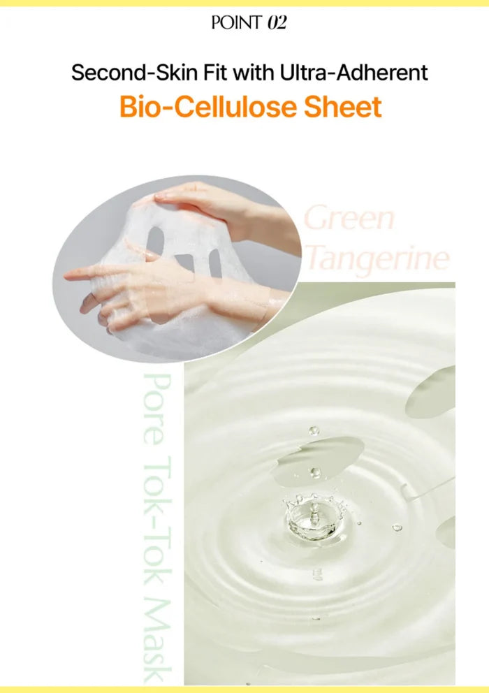Promotional graphic for a green tangerine pore-tok mask sheet, showing hands stretching a translucent bio-cellulose sheet, a close-up of the clear sheet, and water droplets on a white background with text reading 'Second-Skin Fit with Ultra-Adherent Bio-Cellulose Sheet' and 'Green Tangerine'.