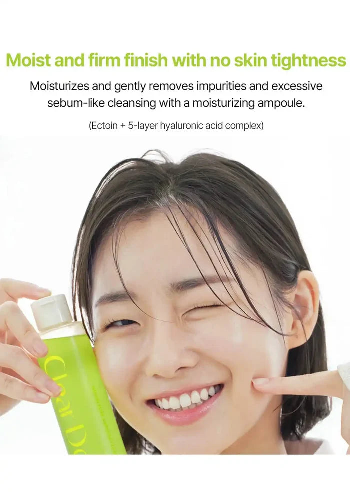 ClearDea Minari Pore Ampoule Cleanser held beside a smiling model, highlighting moisturising cleansing without skin tightness