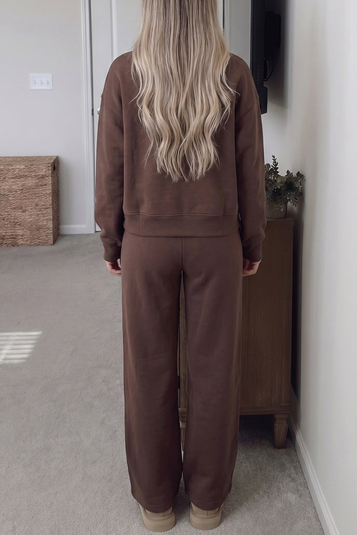 Coffee Solid Color Piping Trim Mock Neck Pullover Drawstring Pants Set 🇺🇸