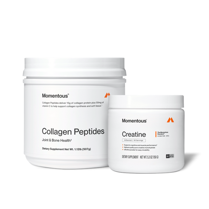 Two Momentous products on black background: Collagen Peptides – Joint & Bone Health, 15g collagen protein plus 50mg Vitamin C, 1.12lb (507g); Creatine – Signature Spec, Unflavored, 30 Servings, Supports cognitive and muscle performance, 5.3oz (150g), NSF Certified for Sport.