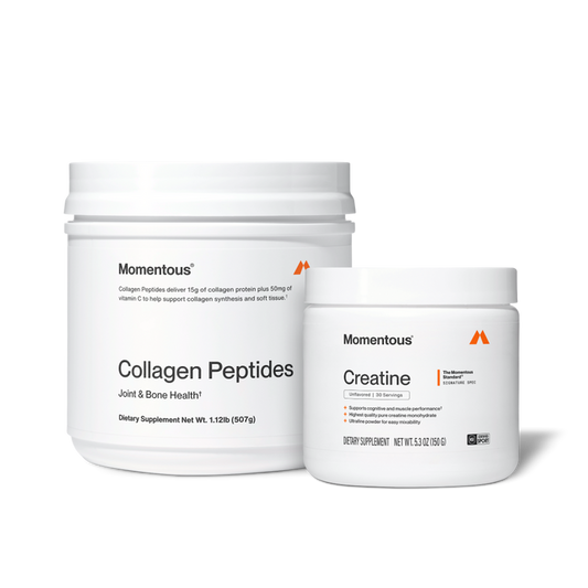 Two Momentous products on black background: Collagen Peptides – Joint & Bone Health, 15g collagen protein plus 50mg Vitamin C, 1.12lb (507g); Creatine – Signature Spec, Unflavored, 30 Servings, Supports cognitive and muscle performance, 5.3oz (150g), NSF Certified for Sport.
