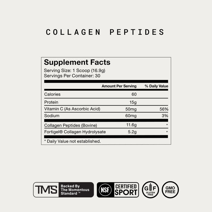 A product label titled “COLLAGEN PEPTIDES” with a Supplement Facts panel. The panel reads: “Supplement Facts. Serving Size: 1 Scoop (16.9g). Servings Per Container: 30.” Table shows “Amount Per Serving” and “% Daily Value.” Listed values include: “Calories 60. Protein 15g. Vitamin C (As Ascorbic Acid) 50mg (56%). Sodium 60mg (3%). Collagen Peptides (Bovine) 11.6g. Fortigel® Collagen Hydrolysate 5.2g.” A footnote reads: “* Daily Value not established.”