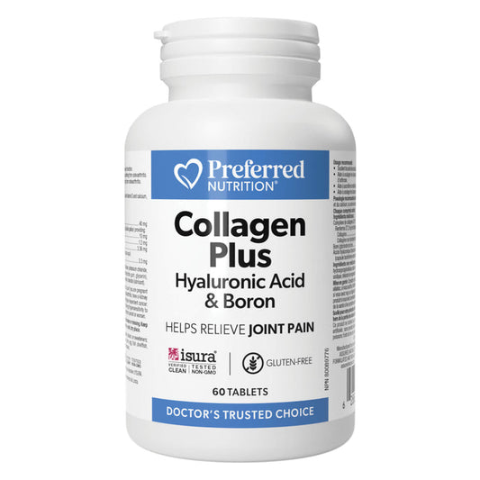 Bottle of Preferred Nutrition Collagen Plus Hyaluronic Acid & Boron 60 Tablets