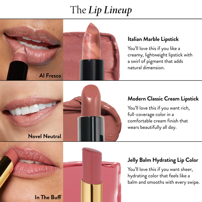 Color Luster Lip Gloss comparison chart of Italian Marble Lipstick, Modern Classic Lipstick and Jelly Balm