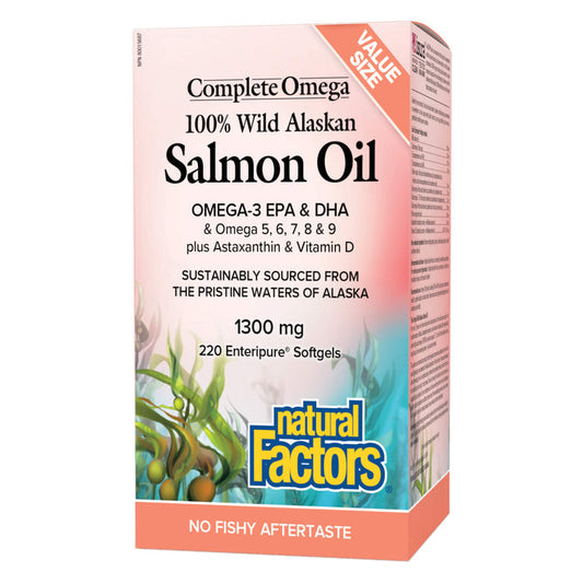 Bottle of Natural Factors Complete Omega 100% Wild Alaskan Salmon Oil 1300mg Enteric-Coated 220 Softgels