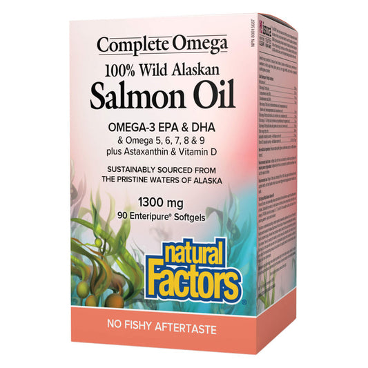 Box of Natural Factors Complete Omega 100% Wild Alaskan Salmon Oil 1300mg Enteric-Coated 90 Softgels