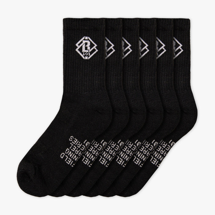 Set of black socks with a white BL101 logo and text on a white background
