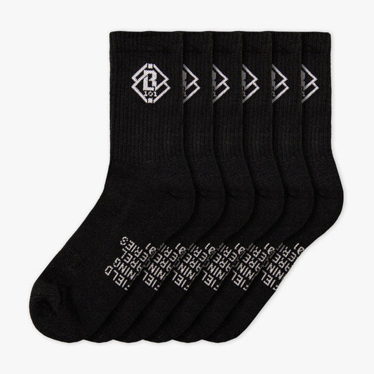 Set of black socks with a white BL101 logo and text on a white background