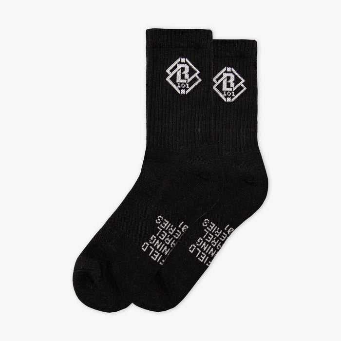 Black socks with white white BL101 logos and text on a white background
