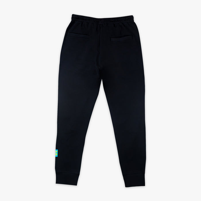 Black sweatpants with a small colorful logo on a white background
