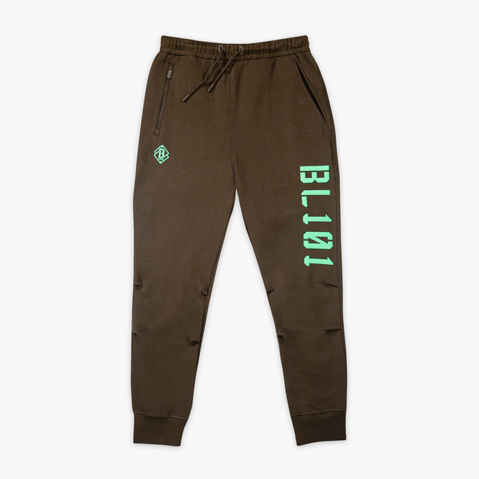 Brown sweatpants with green BL101 text and logo on a white background