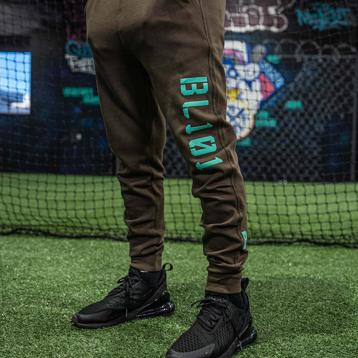 Person wearing brown jogger pants with 'BL101' branding on grass, with a colorful background.