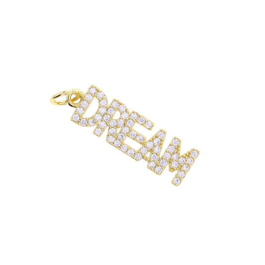 Gold-tone CZ letter charm reading 'Dream' with top loop bail