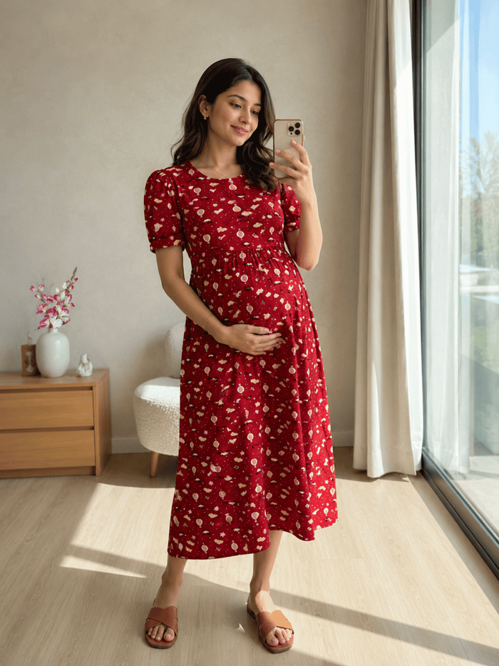 Dreamy Red Balloon Print Maternity Nighty Feeding Friendly