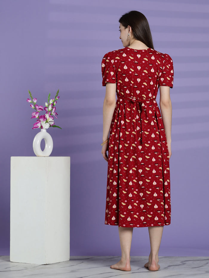 Red printed maternity and zipless feeding nighty for women