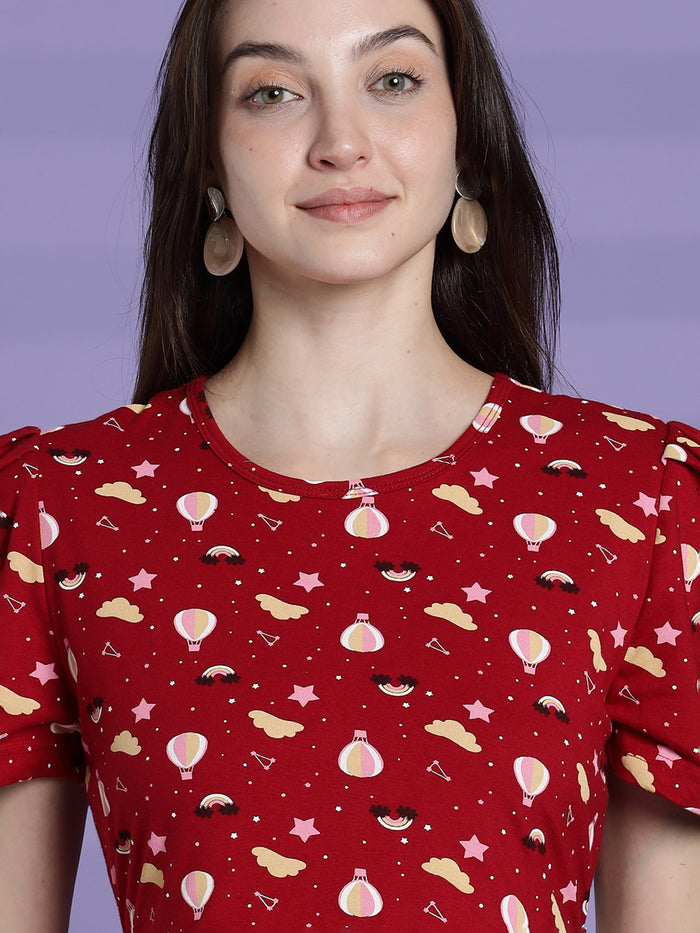 Red printed maternity and zipless feeding nighty for women