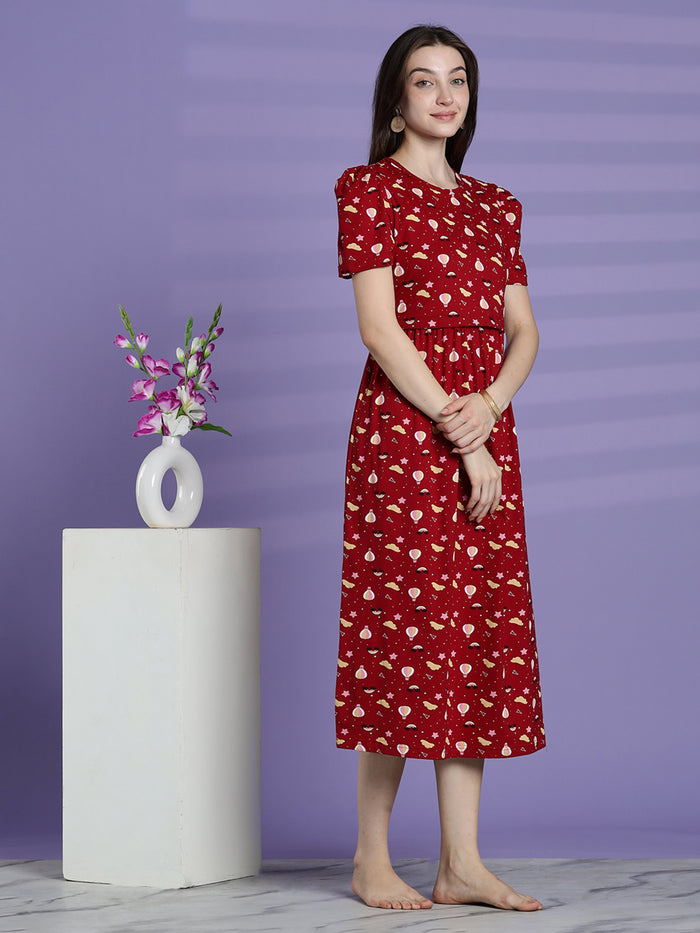 Red printed maternity and zipless feeding nighty for women